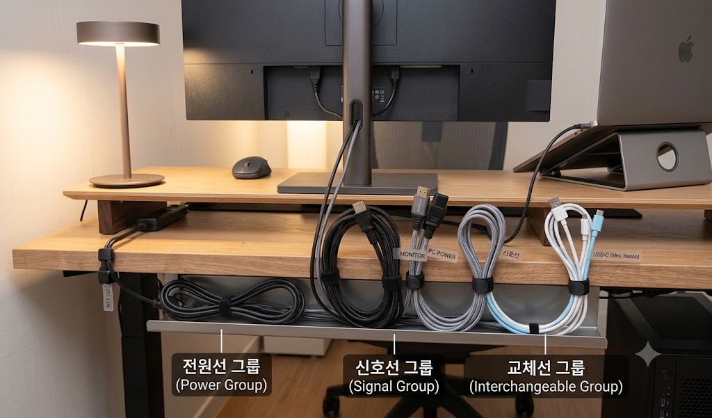 전원선 그룹, 신호선 그룹, 교체선 그룹으로 라벨을 붙여 따로 정리한 책상 아래 케이블 트레이