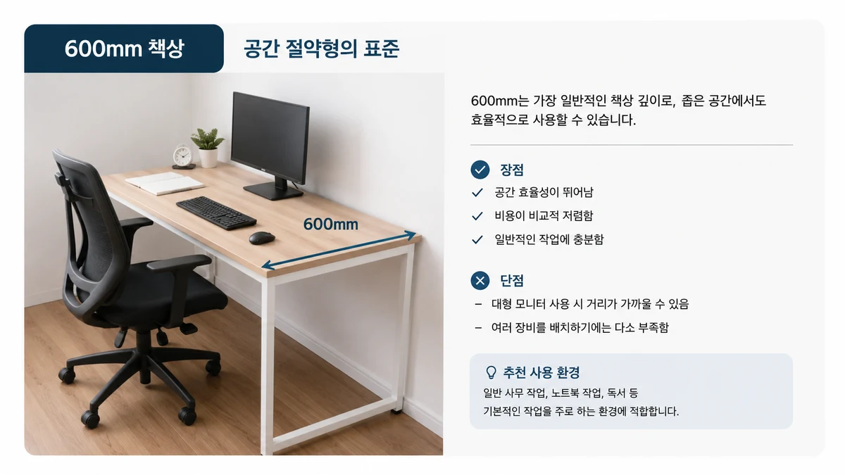 600mm 책상에 모니터·키보드·마우스를 올린 공간 절약형 구성과 장단점, 추천 사용 환경을 정리한 이미지