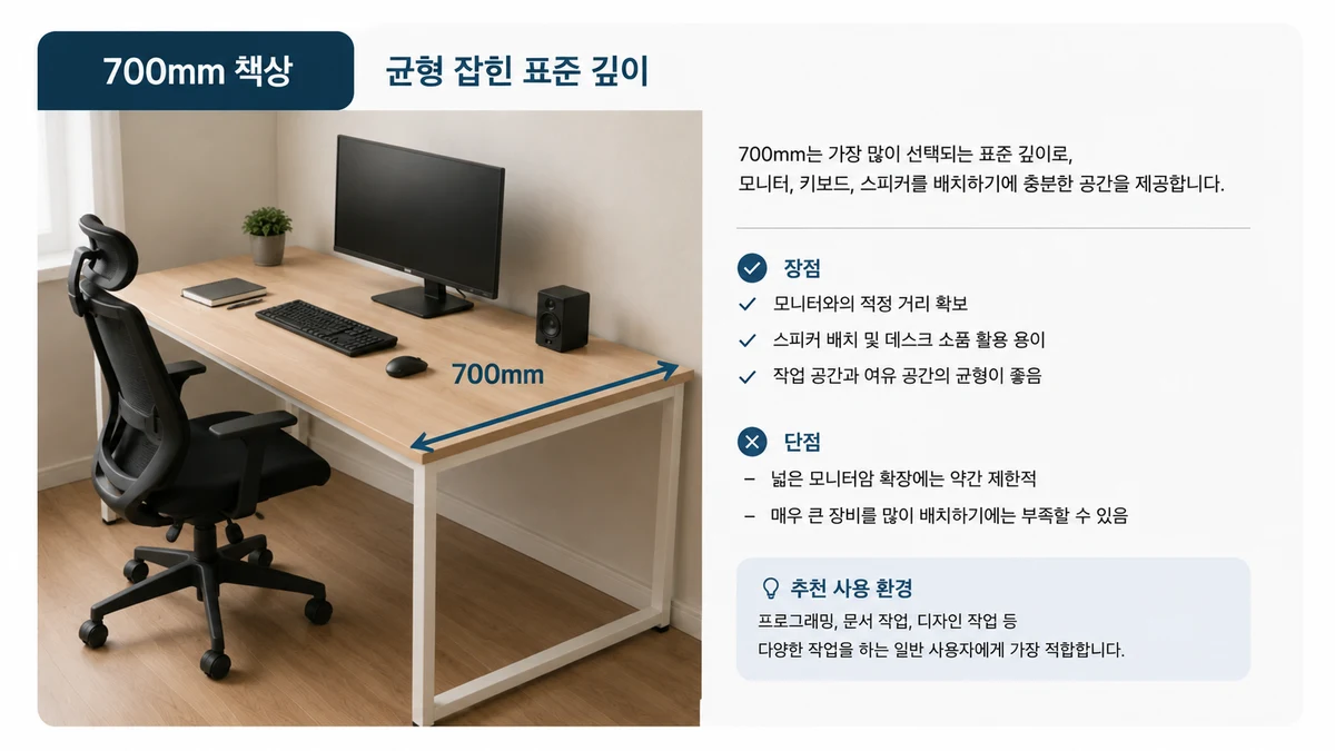 700mm 책상에 모니터·키보드·스피커를 배치한 균형 잡힌 표준 깊이 구성과 장단점, 추천 사용 환경을 정리한 이미지