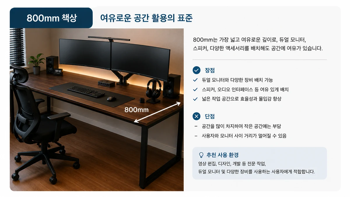 800mm 책상에 듀얼 모니터·스피커·오디오 장비를 배치한 여유로운 공간 활용 구성과 장단점, 추천 사용 환경을 정리한 이미지