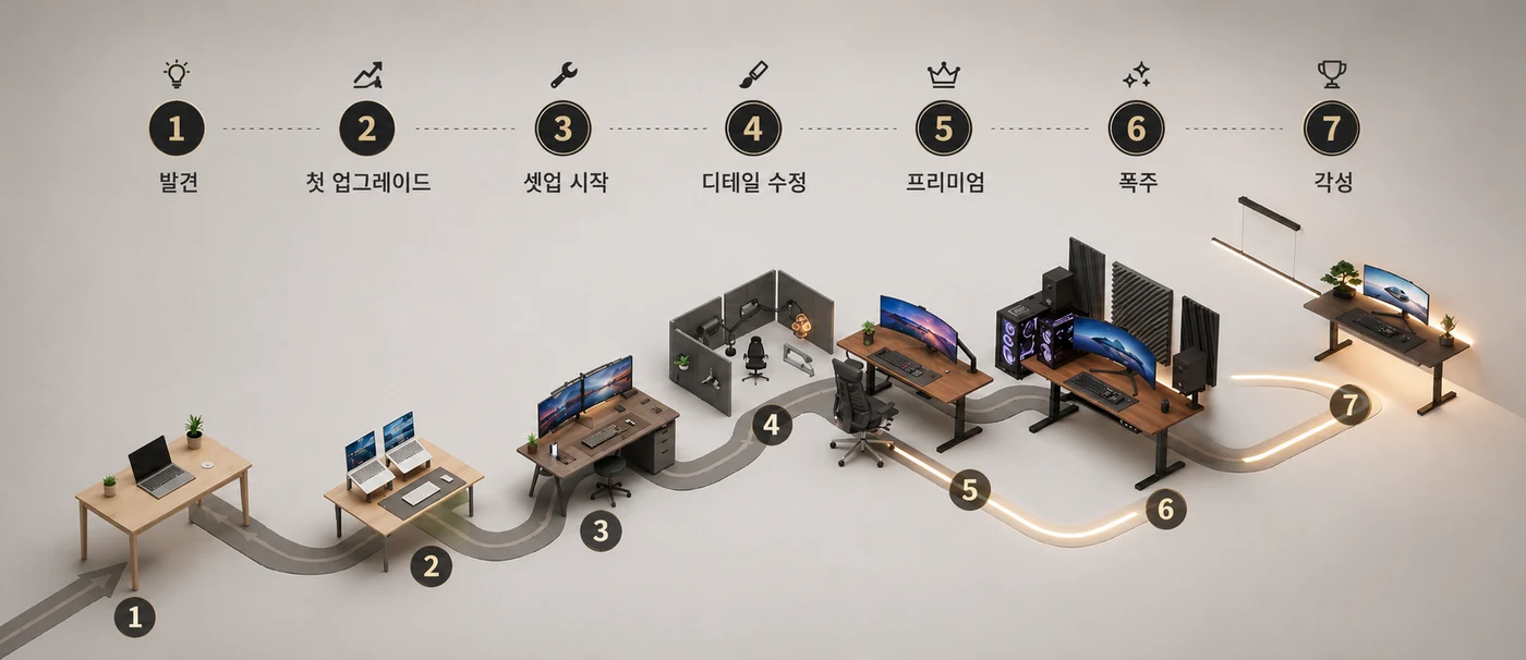 데스크셋업 단계별 만족도 그래프 — 1단계 발견부터 7단계 각성까지 만족도가 계단식으로 상승